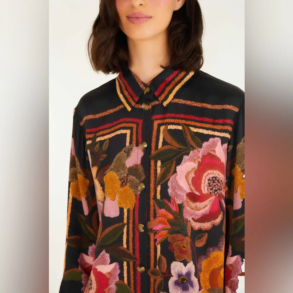 Farm Rio: Farm Rio Black Chenille Flowers Shirt - Picture 8 of 15